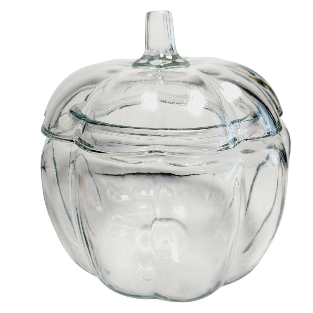 Vintage Anchor Hocking Cookie or Candy Jar Clear Glass Pumpkin Shaped with Lid - Picture 4 of 8